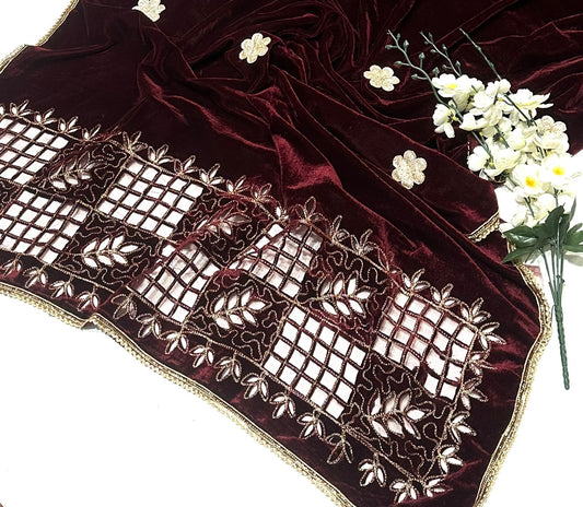 Ladies Winter Velvet Cutwork Shawl-Maroon