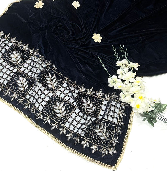 Ladies Winter Velvet Cutwork Shawl-Navy blue