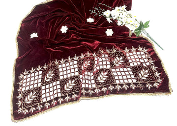 Ladies Winter Velvet Cutwork Shawl-Maroon